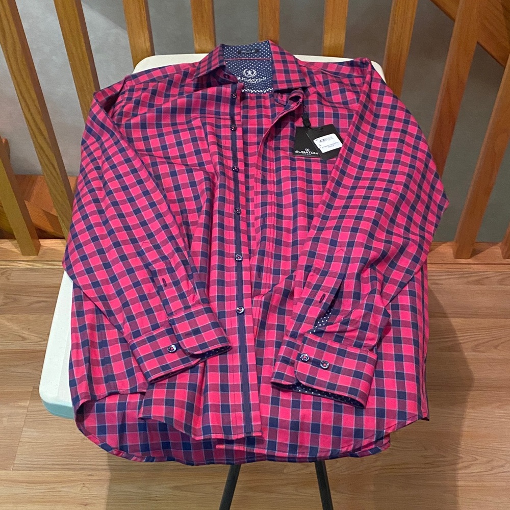 *New*Bugatchi long-sleeve dress shirt. Size:S (fits big) Color:Pink/Magenta/Blue